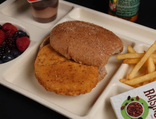 Product 791431 - Spicy Chicken Patty on bun with fries and fruit on side